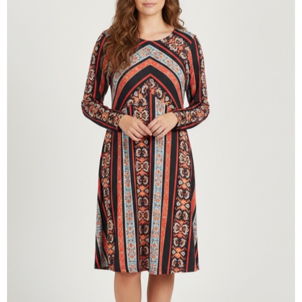 NWT KNOX ROSE Lightweight Knit FLORAL/STRIPED Button BOHO A-Line Dress Sz M
